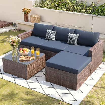 5 Piece Patio Furniture Set, All-Weather Wicker Outdoor Sectional Sofa, L Shaped Outdoor Conversation Couch with, Customized