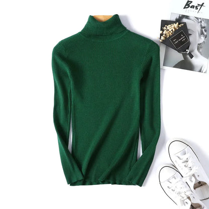 Casual Soft Polo-neck Jumper New Autumn Winter Women Knitted Turtleneck Sweater Fashion Slim Elasticity Solid Ribbed Pullovers
