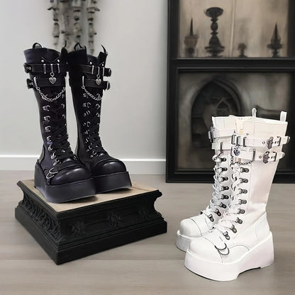 Women's Gothic Punk Combat Boots Wedge Heel Round Toe Mid-Calf Booties with Side Zipper Y2K Gothic Fashion LadiesDress Footwear,