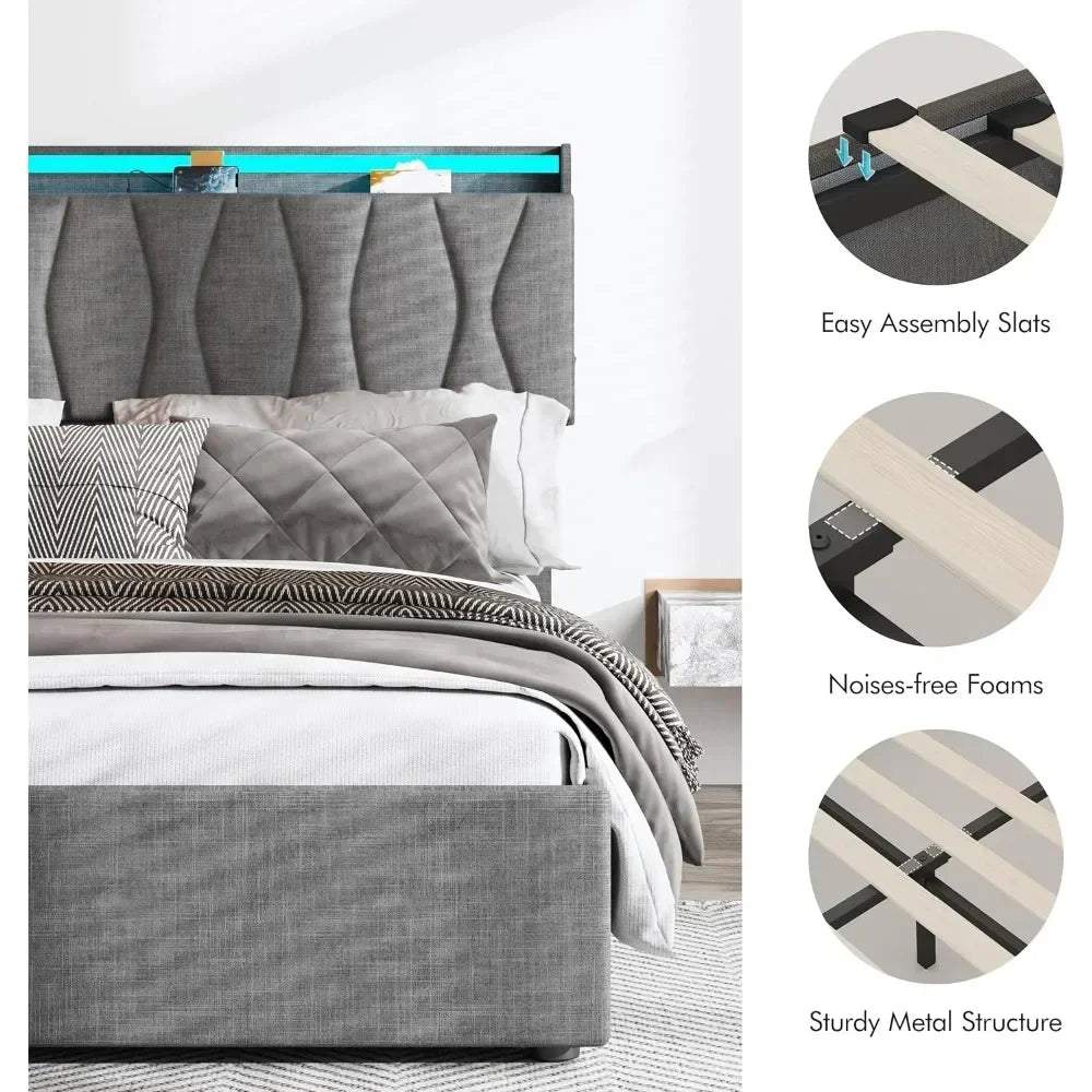 Queen Lift Up Storage Bed Frame, Height Adjustable Storage Headboard with Charging Station, LED Lights Upholstered Platform Bed