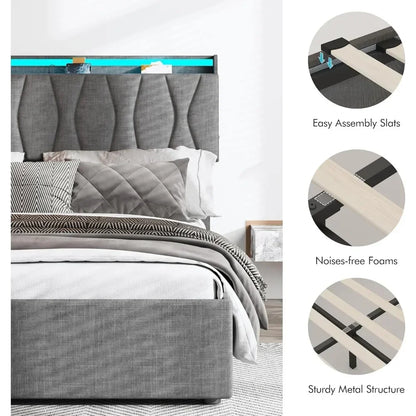 Queen Lift Up Storage Bed Frame, Height Adjustable Storage Headboard with Charging Station, LED Lights Upholstered Platform Bed