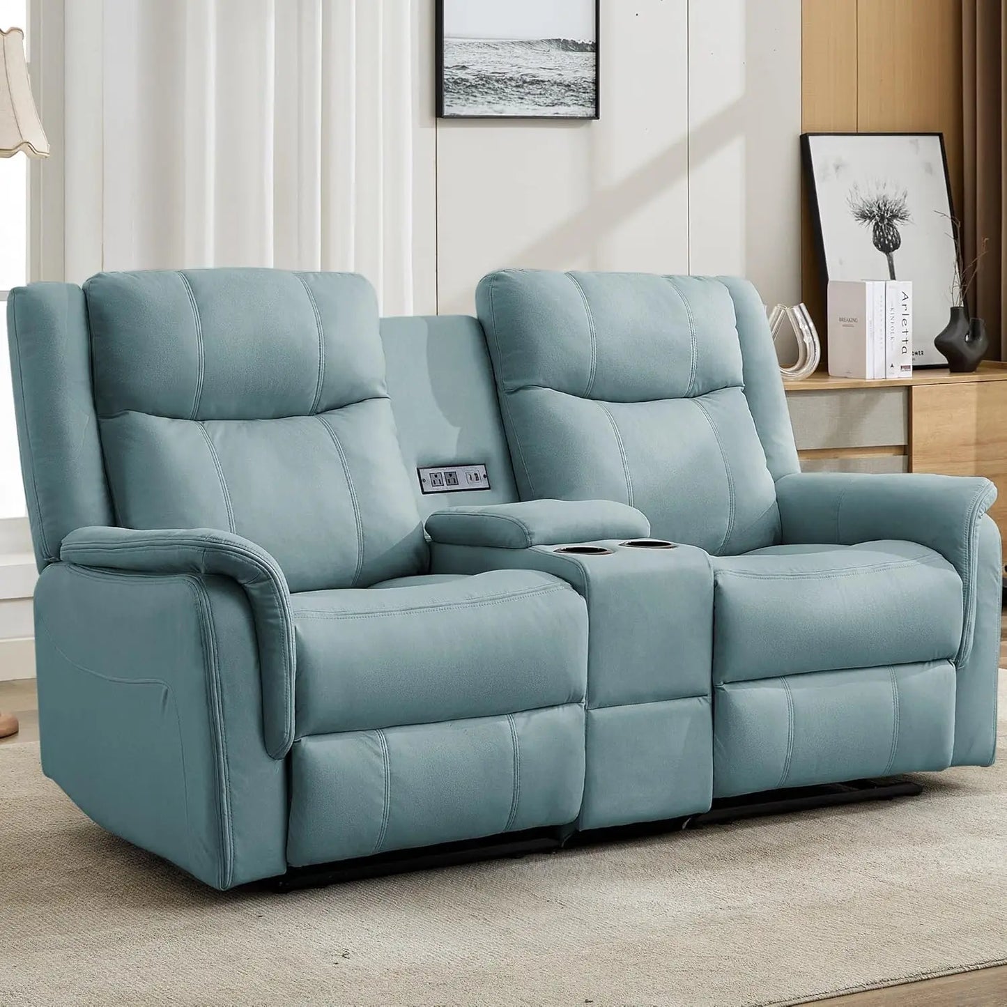 Loveseat Recliner Sofa, Reclining Loveseat Couch, Reclining Couch with Console, USB Port, US Outlets, and Cup, Customized