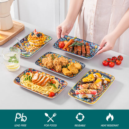 vancasso 6/12 Piece Porcelain Rectangular Serving Plates Bohemian 8.5inch Dinner Plates Set for Beef/Food/Noodles/Pasta 6 People
