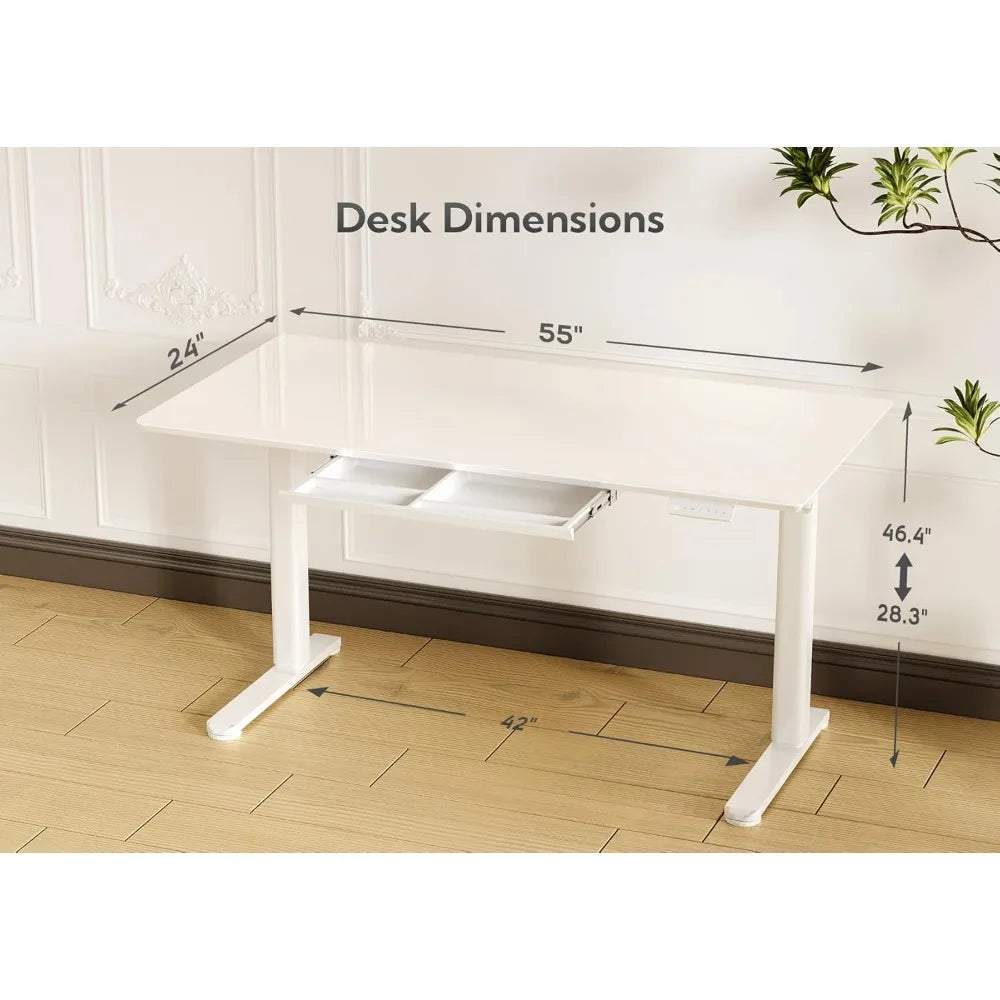 Glass Standing Desk with Drawers, 55×24 Inch Adjustable Stand Up Desk Quick Install Home Office Computer Desk, White