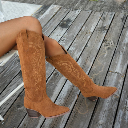 Women's fashion solid color pedal wedge heel versatile electric embroidery pattern high boot trend