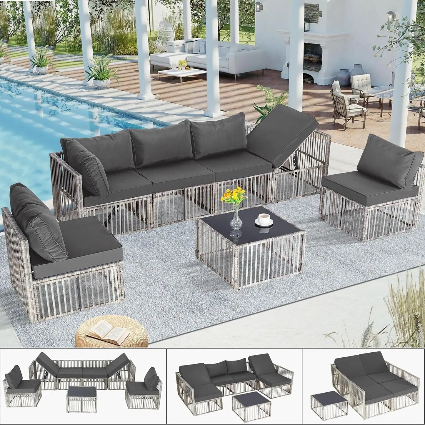 7 piece outdoor wicker patio furniture set, rattan sectional sofa couch, patio conversation set with cushion & coffee table, fo