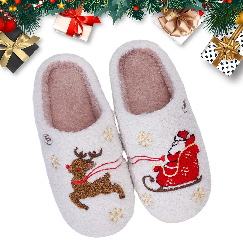 Santa Claus Elk Christmas Plush Slippers Comfortable Thermal Couple Slippers Non-Slip Fuzzy Closed Toe Slippers for Men Women