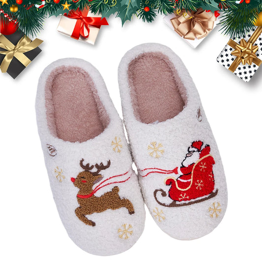 Santa Claus Elk Christmas Plush Slippers Comfortable Thermal Couple Slippers Non-Slip Fuzzy Closed Toe Slippers for Men Women