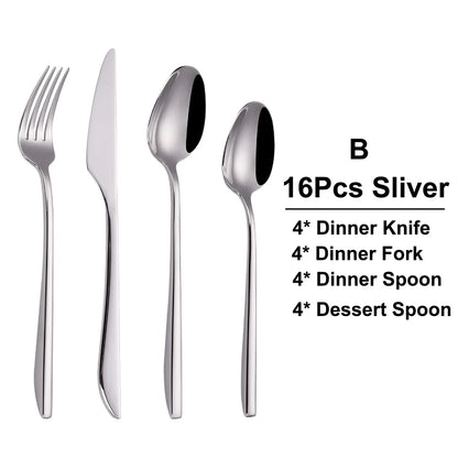 6/16/20/24/28Pcs Cutlery Set Stainless Steel 304 Tableware Mirror Sliver Dinner Set Western Knife Fork Spoon Elegant Flatware