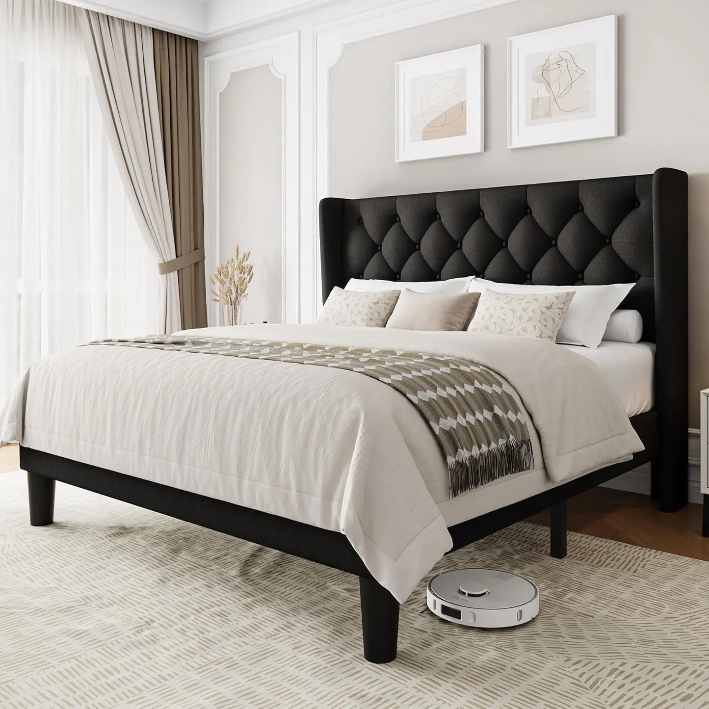 Full Size Upholstered Bed Frame with Wingback Headboard, Fabric Linen Platform Bed, 8" Under Bed Storage, Wooden and Metal Slats