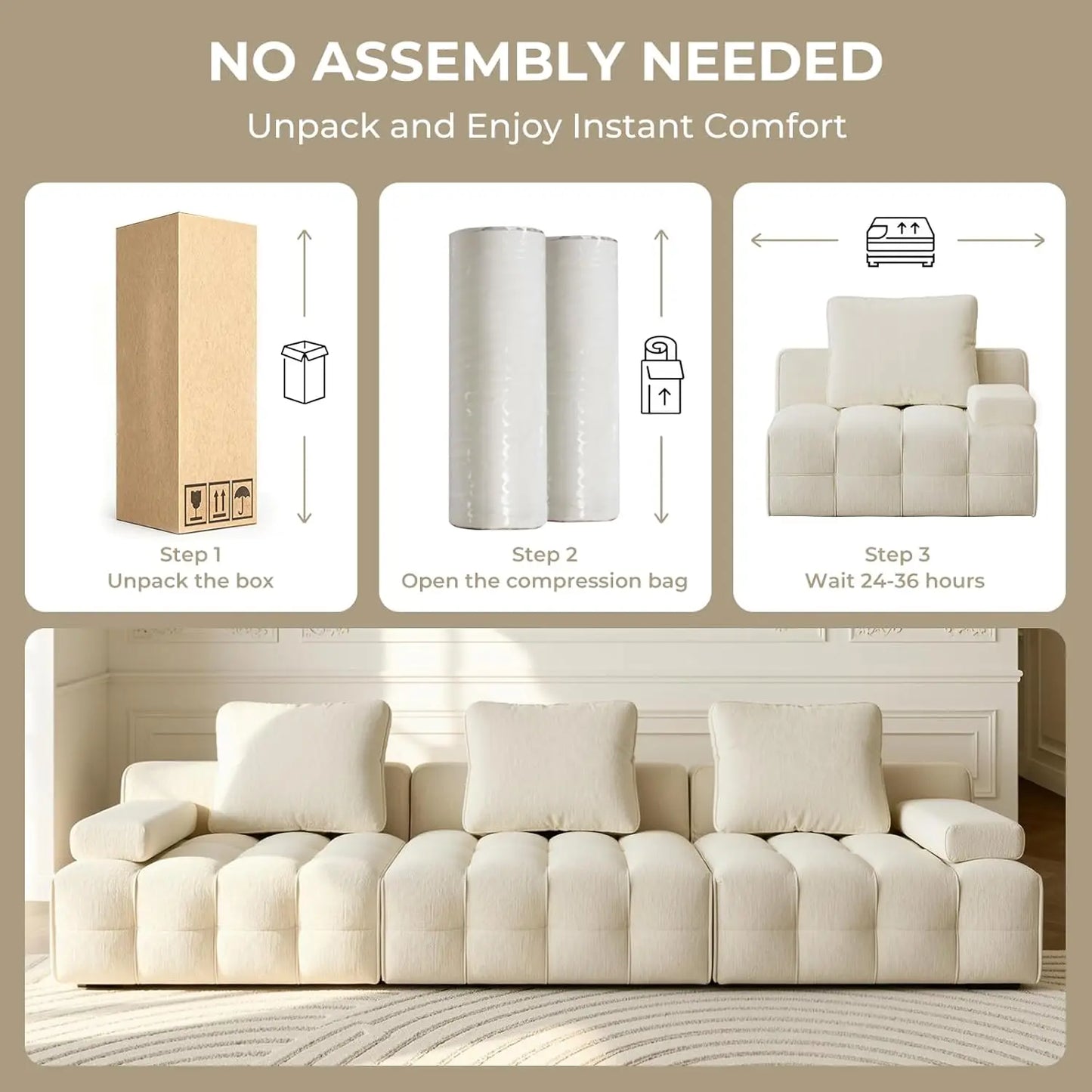 118" Modular Cloud Sectional Sofa, Boneless Couch for Living Room, 3-Seater Deep Seat Comfy Sectional Couch, No, Customized