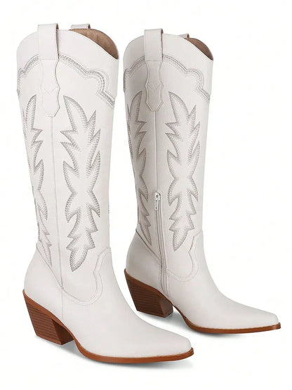 Embroidered Women's Western Knee High Boots Cowboy Retro Chunky Block Heeled Side Zip Vintage Cowgirl Boots For Women Shoes