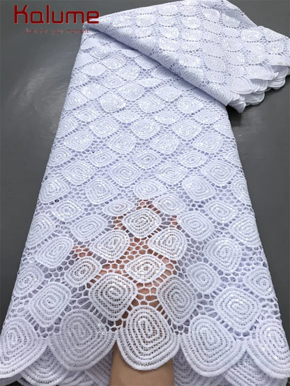 White African Guipure Cord Lace Fabric with Sequins 2025 High Quality Nigerian Guipure Cord Lace for Sewing Wedding Dress F4025