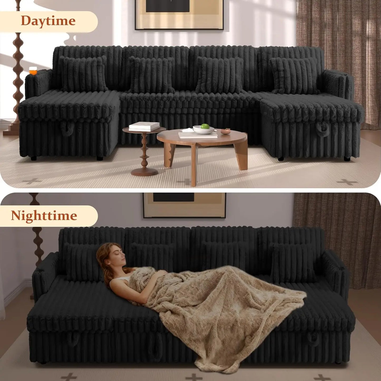 107" Sectional Sleeper Sofa with Pull Out Bed, Comfy Fluffy Plush Corduroy Cloud Sectional Couches for Living Room, Customized