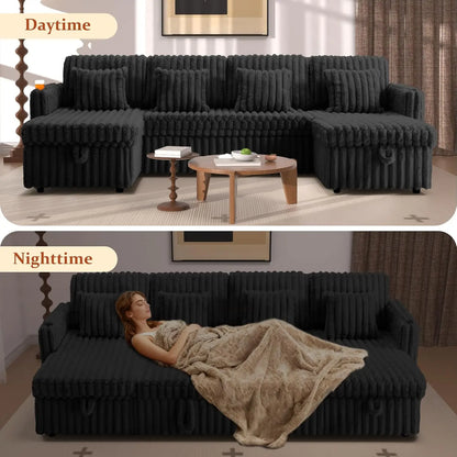 107" Sectional Sleeper Sofa with Pull Out Bed, Comfy Fluffy Plush Corduroy Cloud Sectional Couches for Living Room, Customized