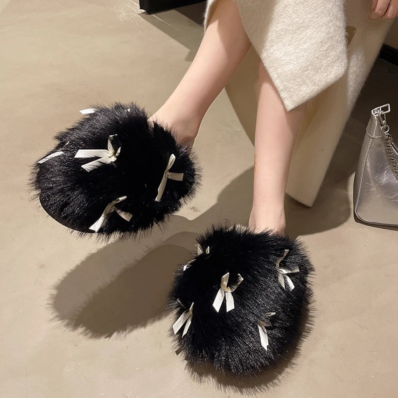 Sweet Bow Decor Fluffy Furry Slippers for Women Comfort Soft Home Plush Slides Shoes Woman Anti Slip Indoor Home Cotton Slipper