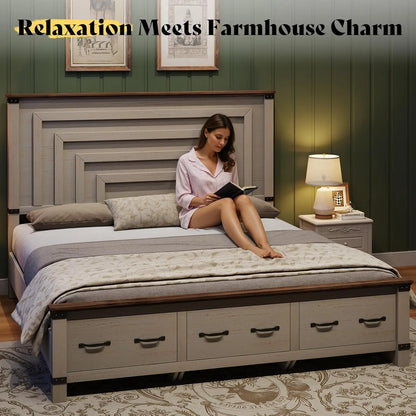 Farmhouse King Size Bed Frame with 54" Tall Geometric Headboard & Footboard, Rustic Wood Platform Bed Frame, Customized