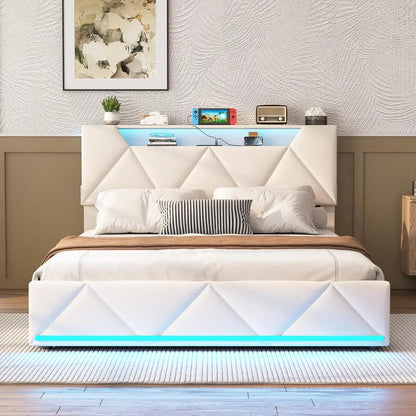 Vabches Bed Frame Queen with Storage Headboard&4 Drawers Upholstered Platform Bed Frame with Charging Station&LED Lights Bedroom