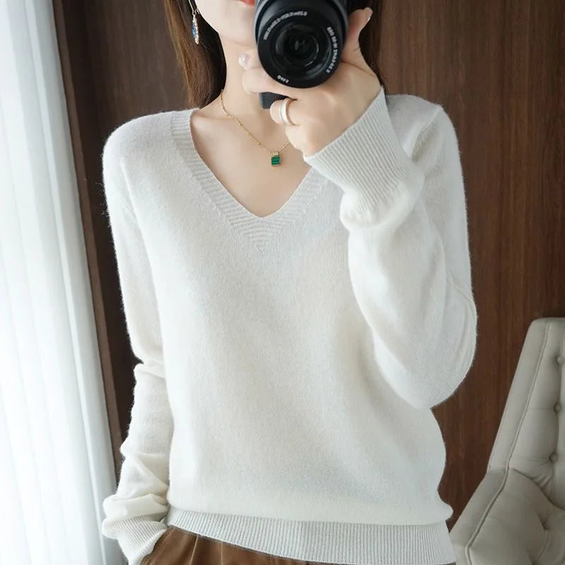 Women Solid Sweater Spring Autumn Woolen Pullovers V-neck Slim Fit Bottoming Shirt Solid Soft Knitwear Jumpers Basic Sweaters
