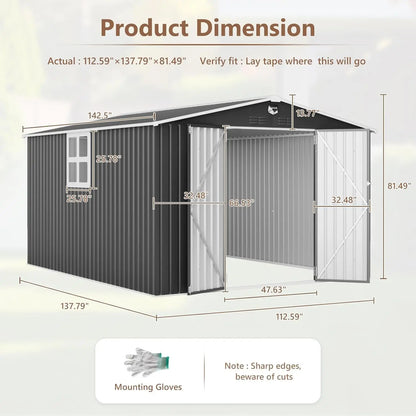 10x12FT Metal Outdoor Storage Shed Lockable Doors Clear Window Waterproof Backyard Patio Tool Storage Customized