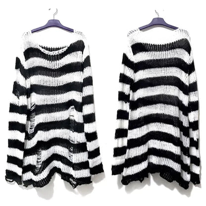 Autumn Punk Gothic Top Long  Unisex Sweater Women Striped Cool Hollow Out Hole Broken Jumper Loose Rock Thin Dark Streetwear