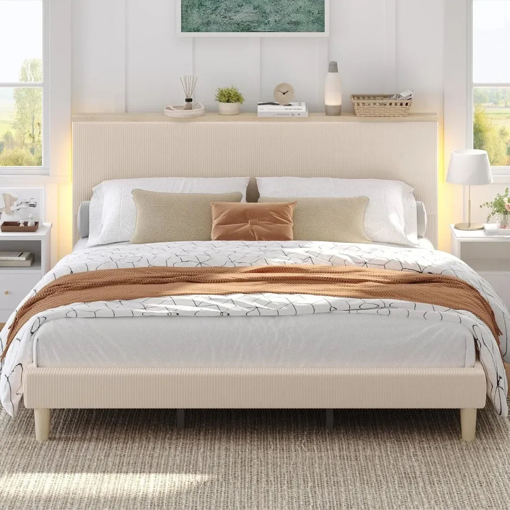 Bestier Queen Corduroy Upholstered Bed Frame with Adjustable Vertical Channel Headboard, LED Platform Bed with Storage Shelf, So