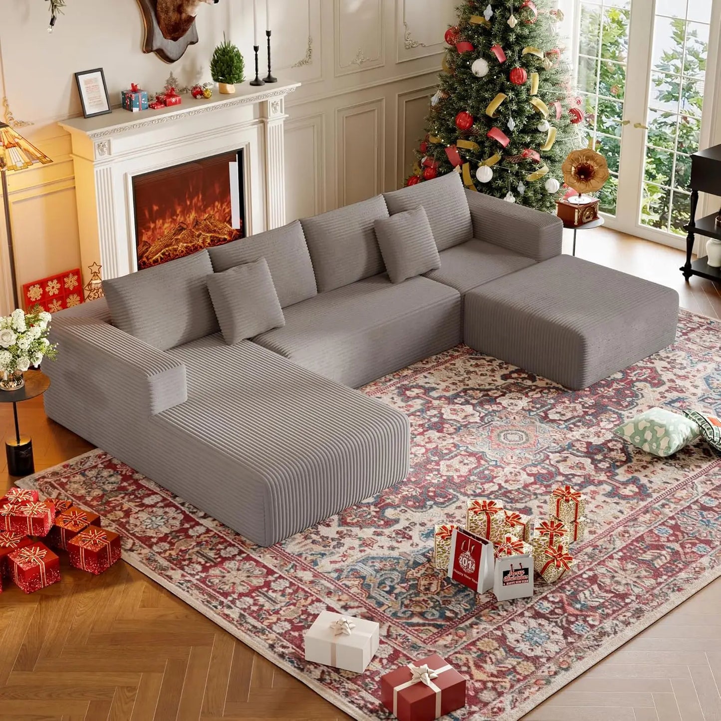 134.6''Sectional Sofa Couch for Livingroom,U-Shaped Boneless Couch with Chaise and Pillows,Modern Modular Corduroy Sofa,4-Deep S