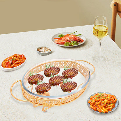 Gold Oval Table Standing Chafing Dish Set, 2L/2.11qt Stainless Steel & Glass Buffet Food Warmer for Catering, Parties & Home Use