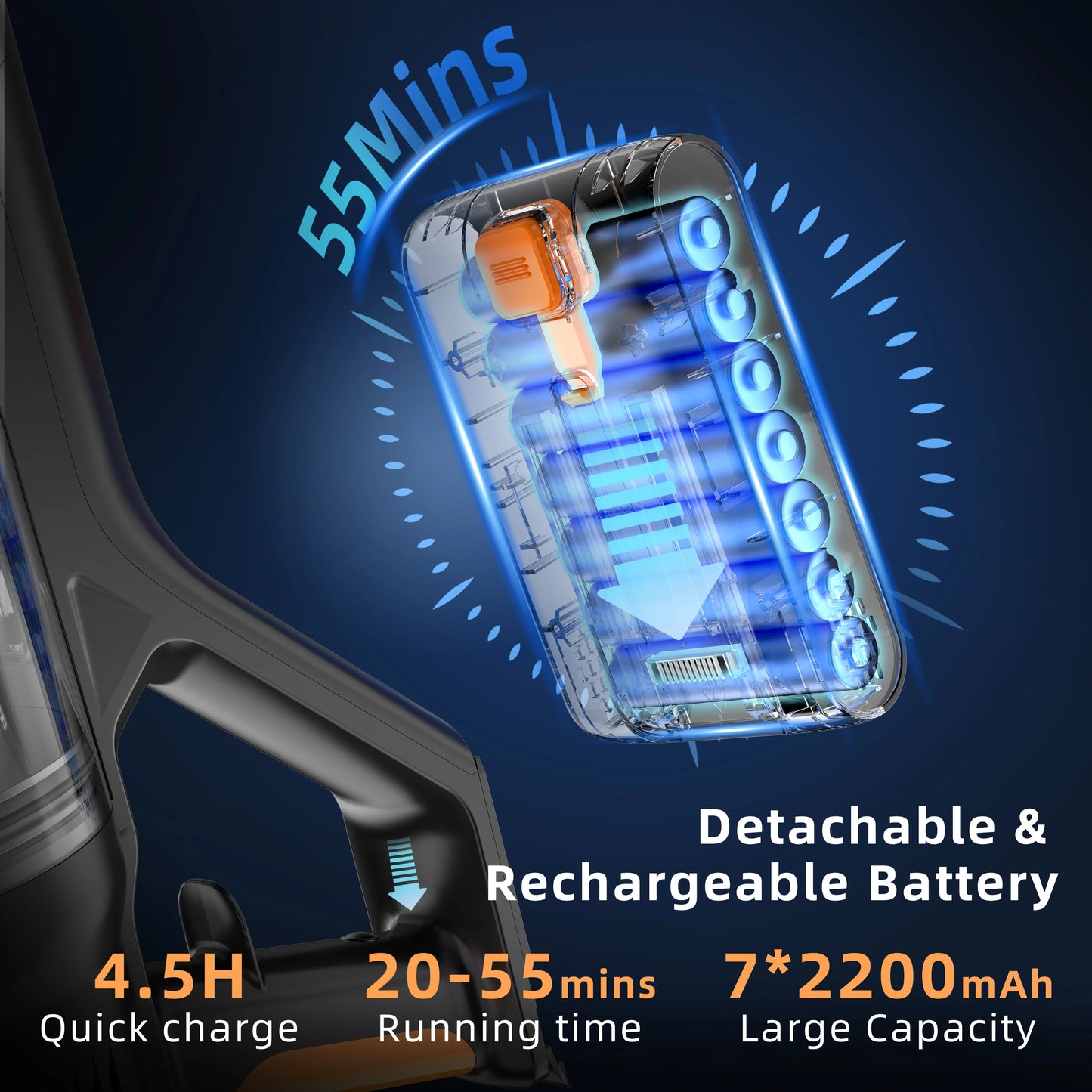 DSV112A Free-Standing Design Cordless Vacuum Cleaner 550W 45000PA – Powerful Brushless Motor, Handheld Home Vacuum