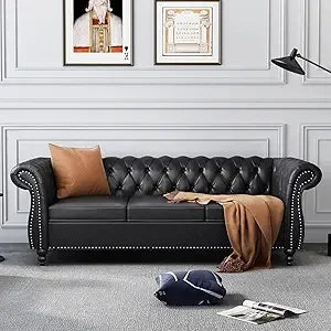 Chesterfield Leather Sofa 3 Seater Couch, Mid-Century Large Sofa Roll Arm Classic Tufted Settee Modern PU Sofa with Channel Tuf