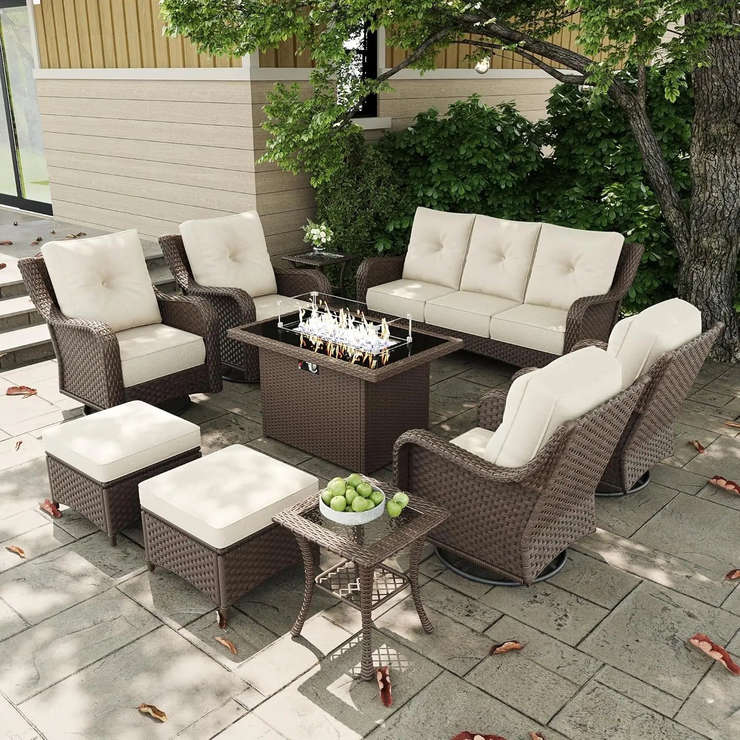 10 Pieces Outdoor Patio Furniture Sets with Rocking Swivel Chairs with 6-inch Thick Cushion and Fire Pit Table for, Customized