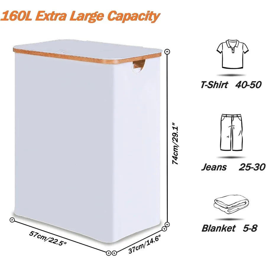 Double Laundry Hamper with Lid and 2 Removable Bags for Efficient Sorting 2Section Design with Bamboo Handles Ideal for Bathroo