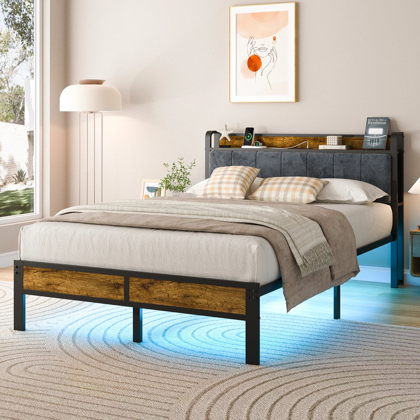 Platform Bed Frame with Storage Headboard, Metal Platform Bed with LED Lights & Charging Station, Under Bed Storage