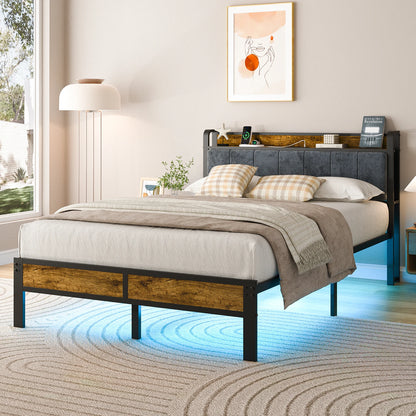 Platform Bed Frame with Storage Headboard, Metal Platform Bed with LED Lights & Charging Station, Under Bed Storage