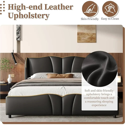 Modern Luxury Leather Platform Bed Frame - Wingback Headboard & Wavy Footboard, No Box Spring Required