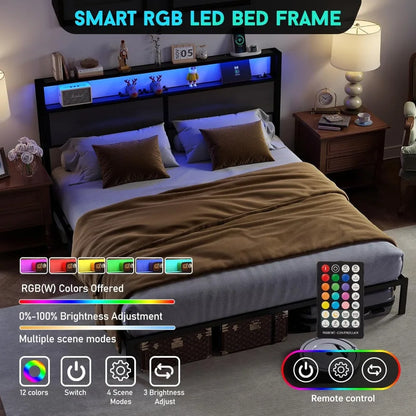King Size Bed Frame with Headboard, Metal Platform Bed Frame with LED Lights & Charging Station, Under Bed Storage, Solid and St