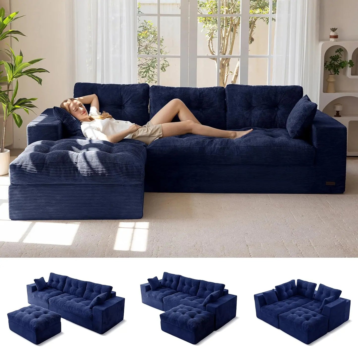 104" L Shaped Modular Sectional Sofa with Ottoman, Cloud Boneless Couch with Layered Cushion, Upholstered Sofa in a Box, Flexibl