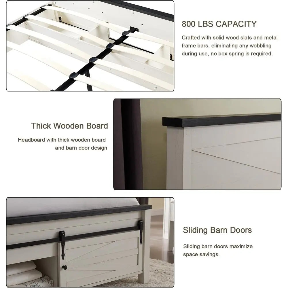 JXQTLINGMU Farmhouse King Size Bed Frame with 47" Tall Headboard, Wood King Bed Frame with Storage Cabinet, Solid Wood Slats Sup