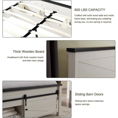 JXQTLINGMU Farmhouse King Size Bed Frame with 47" Tall Headboard, Wood King Bed Frame with Storage Cabinet, Solid Wood Slats Sup