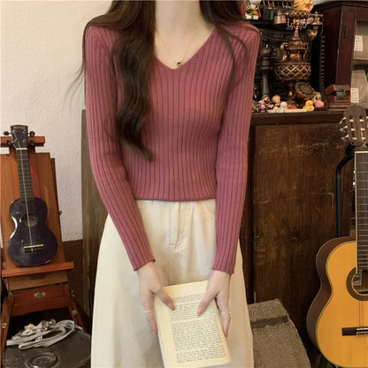 2025 Korean Autumn Winter V Neck Sweater Fashion Casual Long Sleeve Knitted Sweaters Solid Color Slim Pullovers Women Clothes