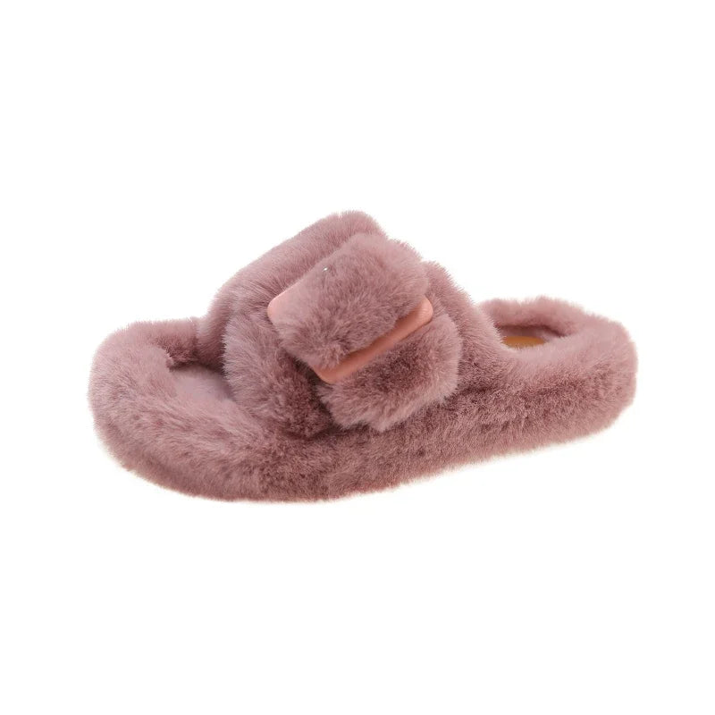 Women's Fashion Flat Fluffy Slippers Winter New Round Head Open Toe Suede Warm Comfortable Cotton Drag