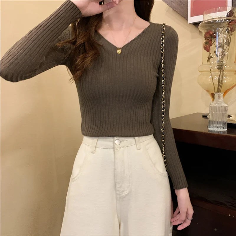 2025 Korean Autumn Winter V Neck Sweater Fashion Casual Long Sleeve Knitted Sweaters Solid Color Slim Pullovers Women Clothes