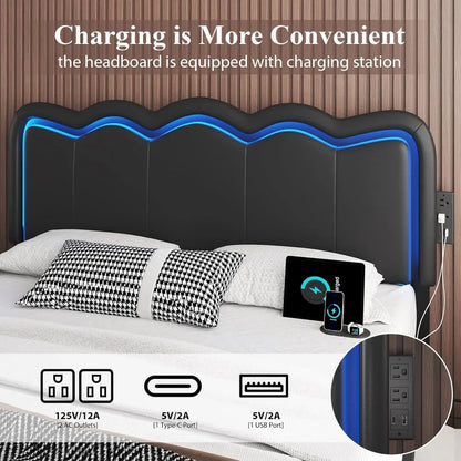 Bed Frame with 4 Storage Drawers and LED Lights, Upholstered Platform Bed with Adjustable Chic Double Wavy Headboard