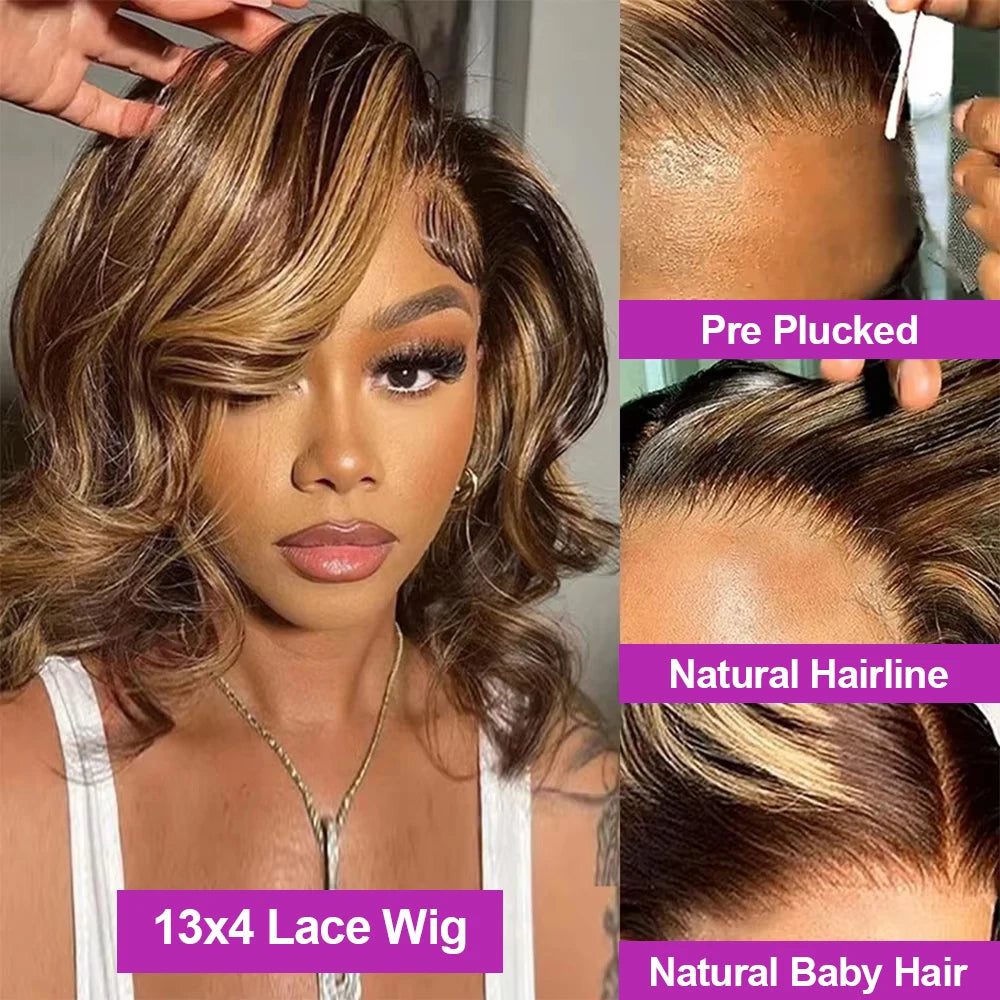 4/27 Ombre Highlight Bouncy Body Wave bob Wig Glueless 7x5 13x4 Lace Front Bob Wigs Brazilian Human Hair Wear And Go Bob Wig