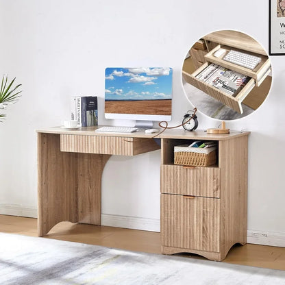 Modern Oak Computer Desk 55 Inch with Keyboard Tray And Power Outlets 2-in-1 Main Drawer with Adjustable File Drawer,Customized