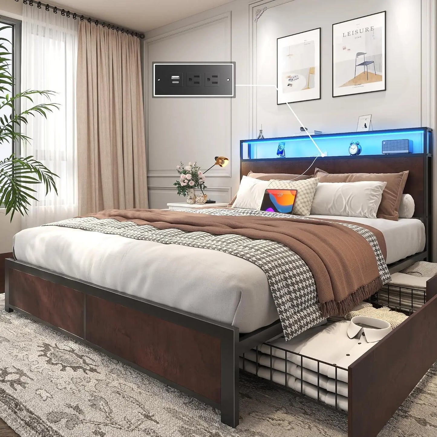 Queen Bed Frame with 2-Tier Storage Headboard, Metal Platform Bed Frame with 4 Storage Drawers, Built in Charging, Customized
