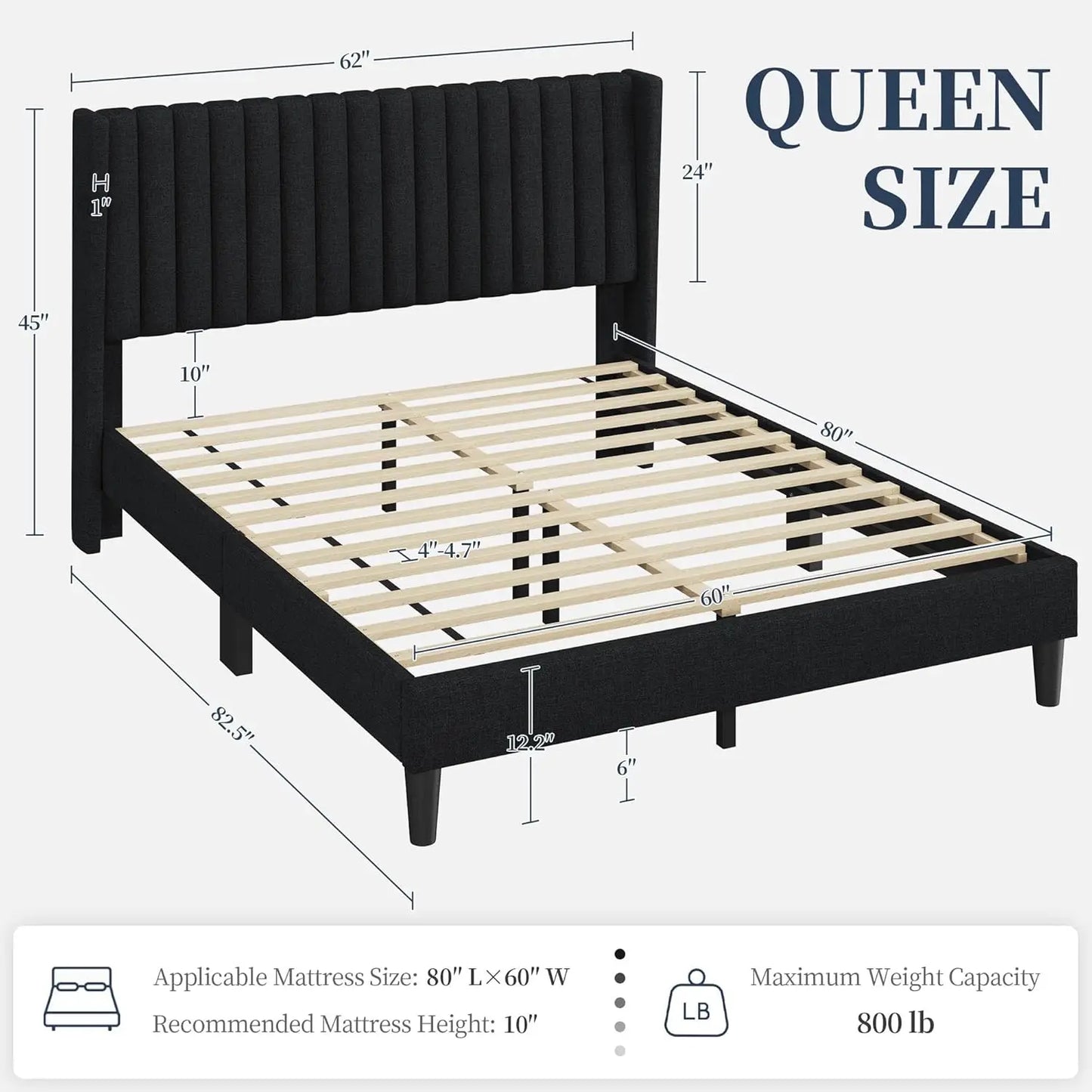 Queen Bed Frame Upholstered Platform Bed with Fabric Headboard, Wing Edge Design/Non-Slip and Noise-Free/Wooden, Customized