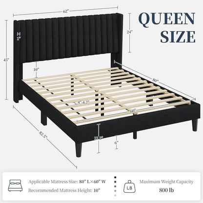 Queen Bed Frame Upholstered Platform Bed with Fabric Headboard, Wing Edge Design/Non-Slip and Noise-Free/Wooden, Customized