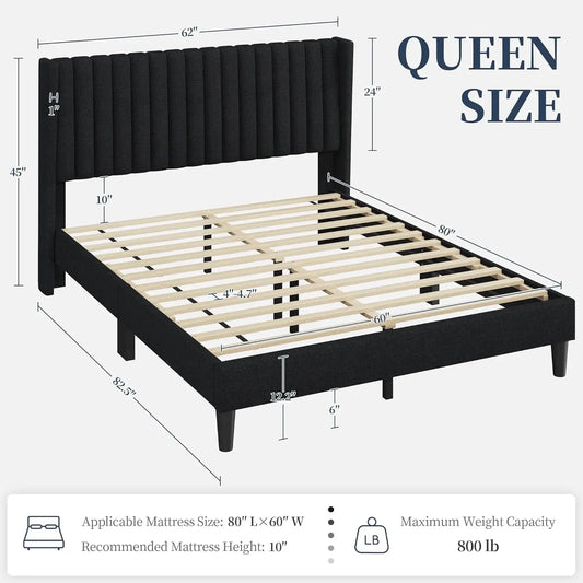 Queen Bed Frame Upholstered Platform Bed with Fabric Headboard, Wing Edge Design/Non-Slip and Noise-Free/Wooden, Customized