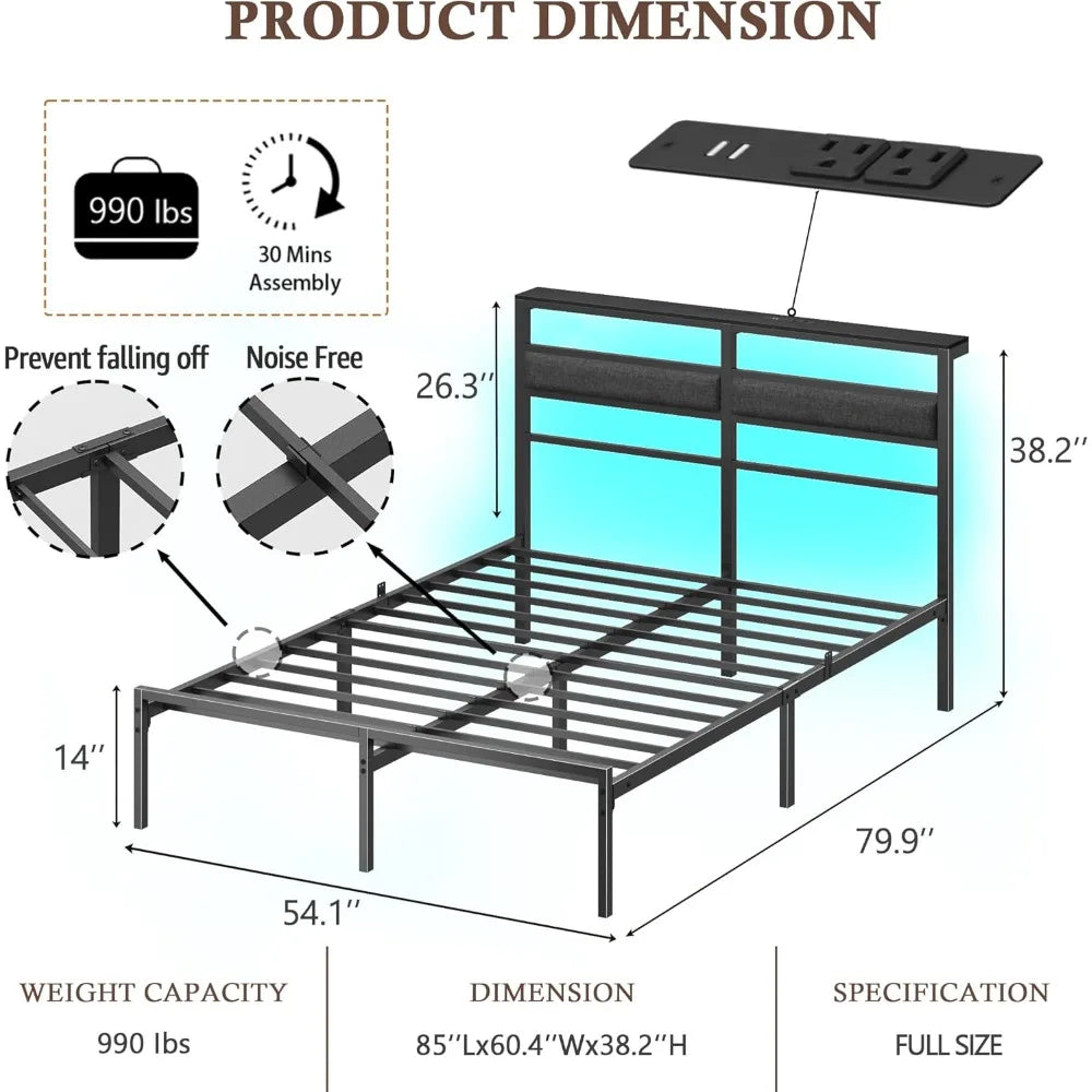 Bed Frame with Headboard, Bed Frame with LED Light and Charging Station, Black Metal Platform Bedframe and Storage Shelf